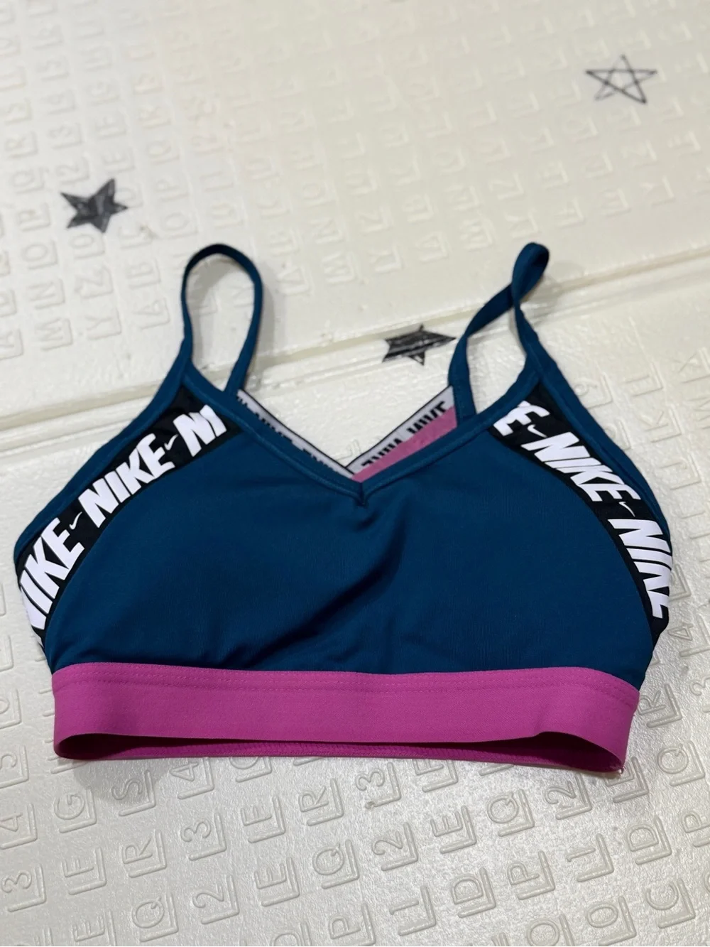 Nike Women's Teal and Magenta Logo-Trim Bikini Top